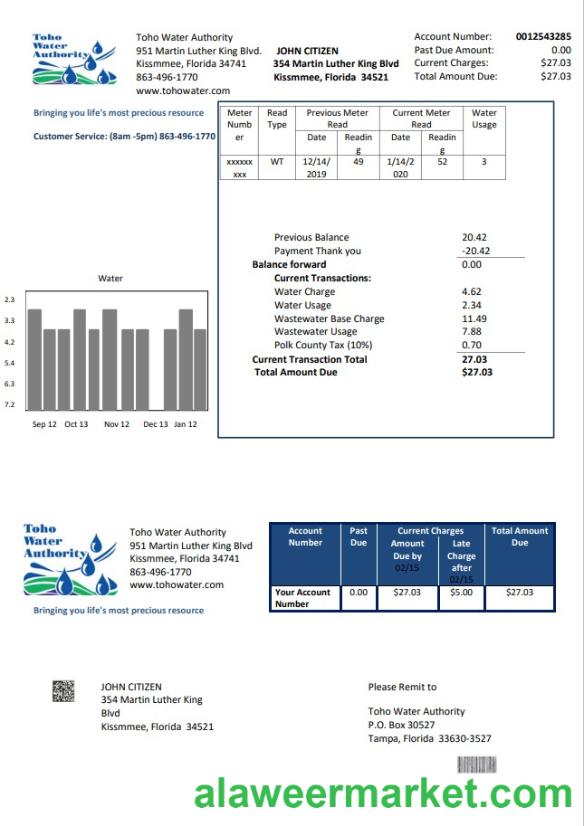 USA Florida Toho Water Authority utility bill template in Word and PDF format